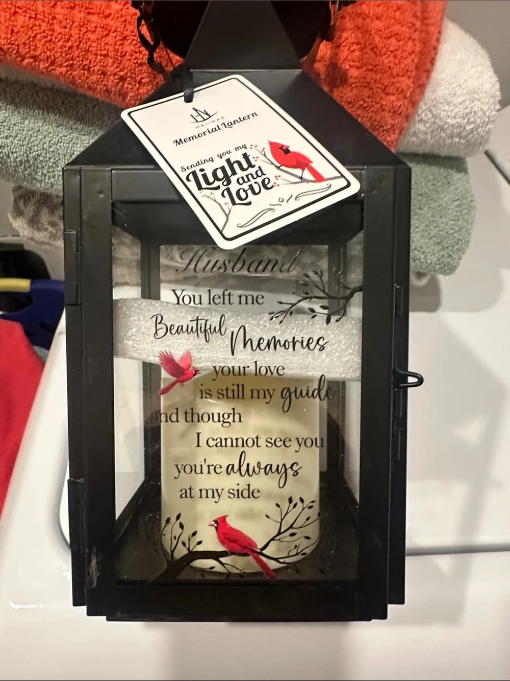 Source Unknown Black Memorial Lantern with Red Cardinal Accents